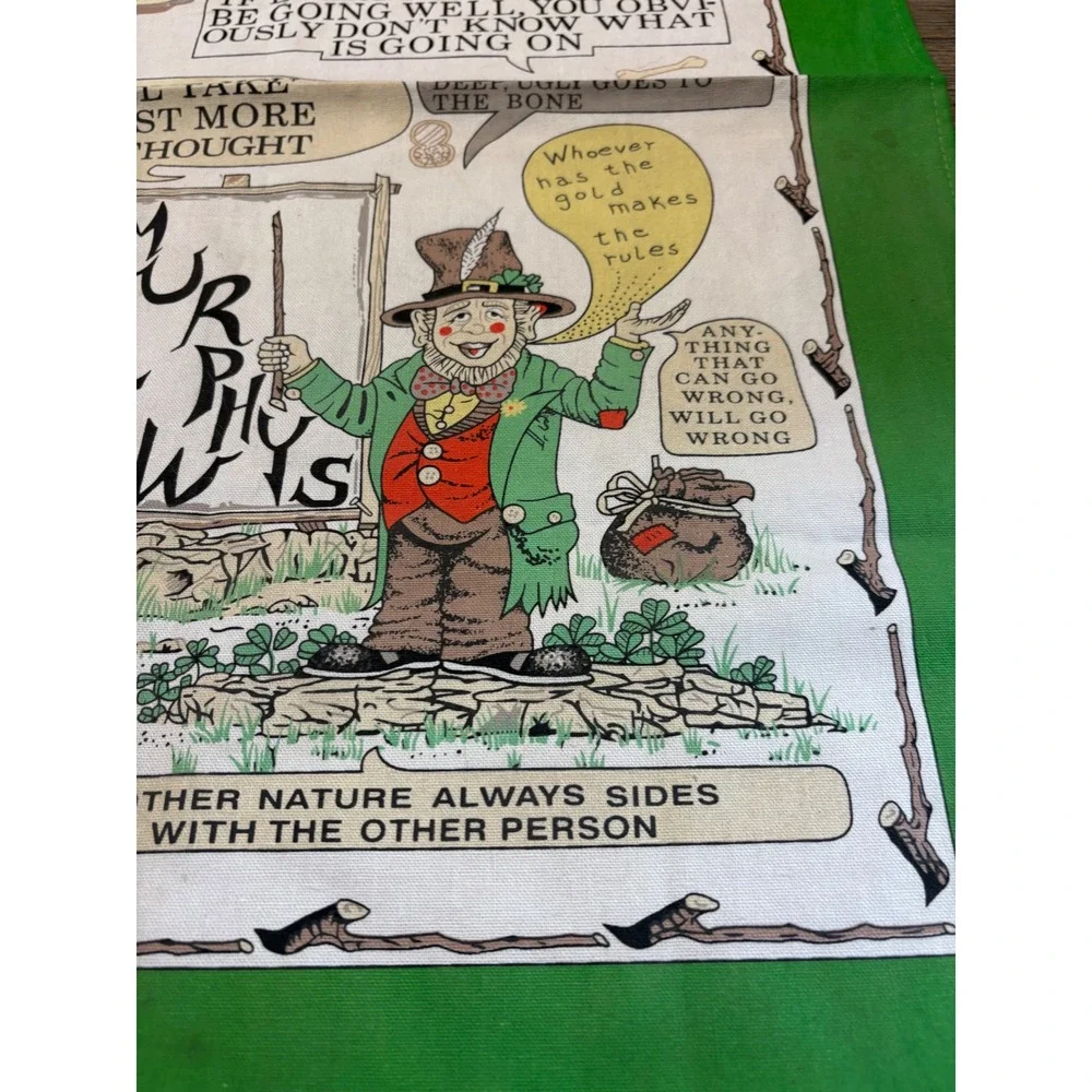 Vtg Murphy's Laws Irish Tea Towel Green Linen‎ Leprechaun Humorous Kitchen Decor